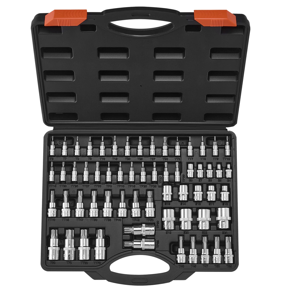A black storage case containing a 60-piece professional Torx bit socket set with various screwdriver bits.