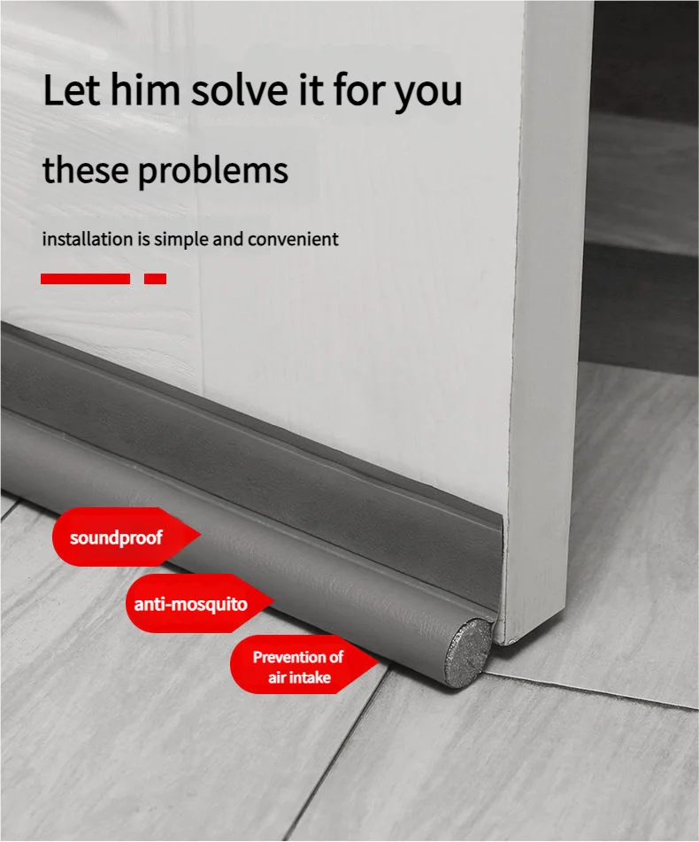 A white door draft stopper is shown installed under a door, highlighting soundproof and anti-mosquito features.