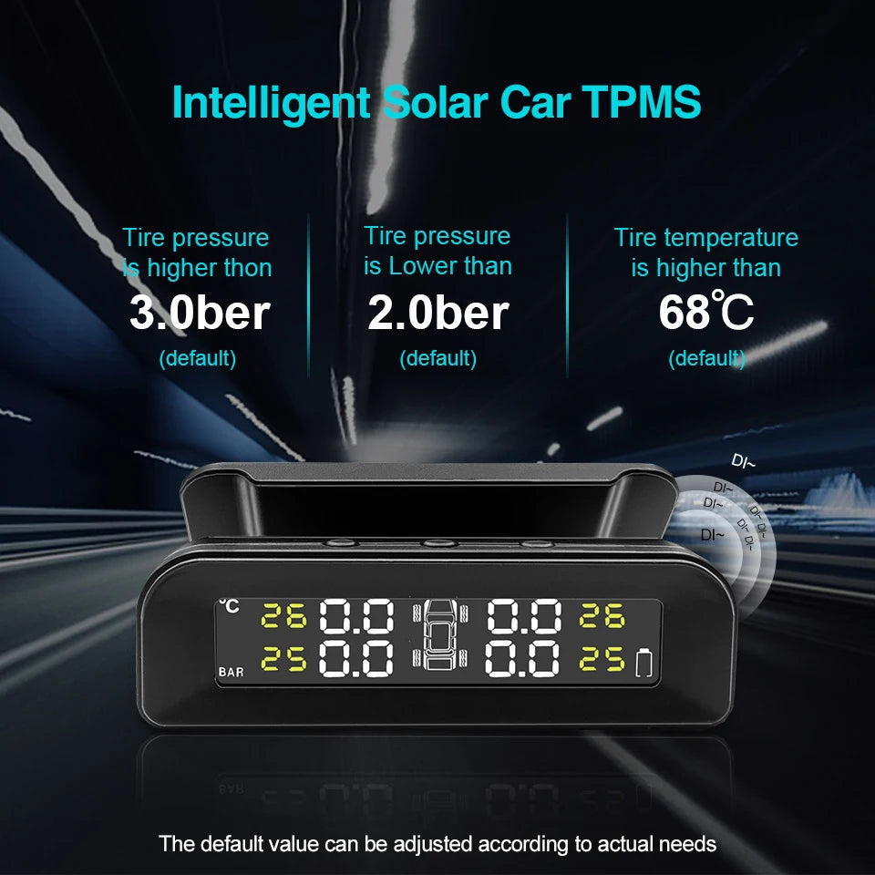 A black tire pressure monitoring system device displaying tire pressure and temperature readings.