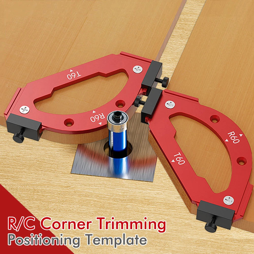 R/C Corner Trimming Positioning Template showing a red jig and a wood surface.
