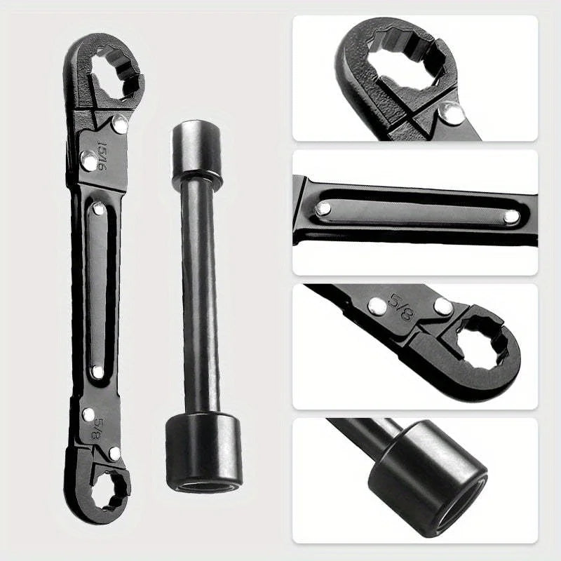 A set of professional double-ended pipe wrenches shown in various views and angles.