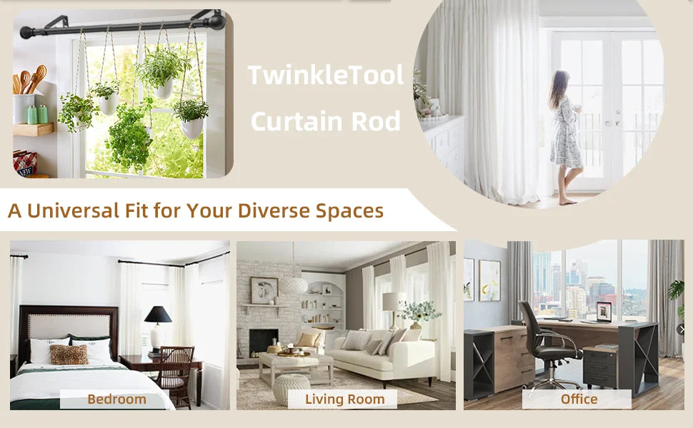 Matte black heavy duty curtain rods shown in various contexts including a window, bedroom, living room, and office.