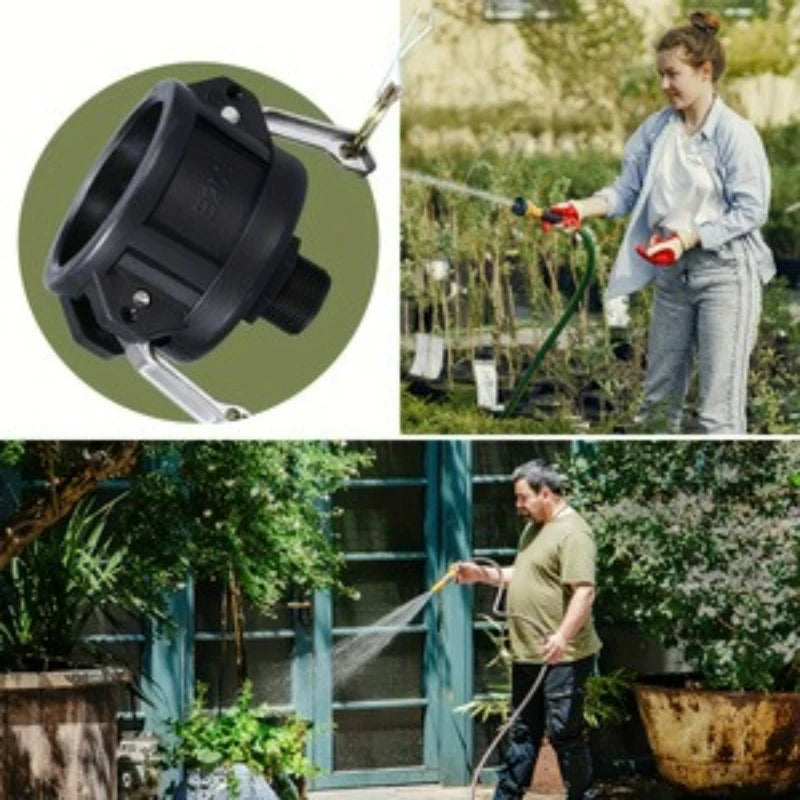 A black IBC tote to garden hose adapter fitting is shown next to a person using it in a garden setting.