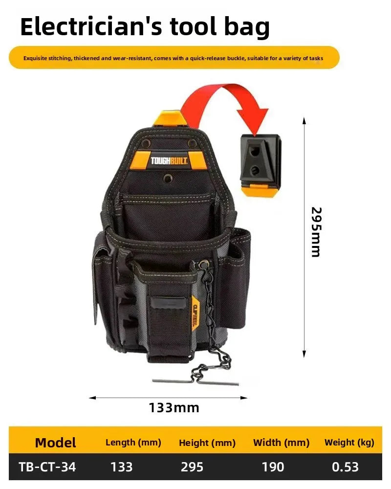 A black electrician's tool bag with a quick-release buckle and various compartments.