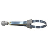 A silver oil filter removal tool with a threaded end and a clamp mechanism for automotive use.