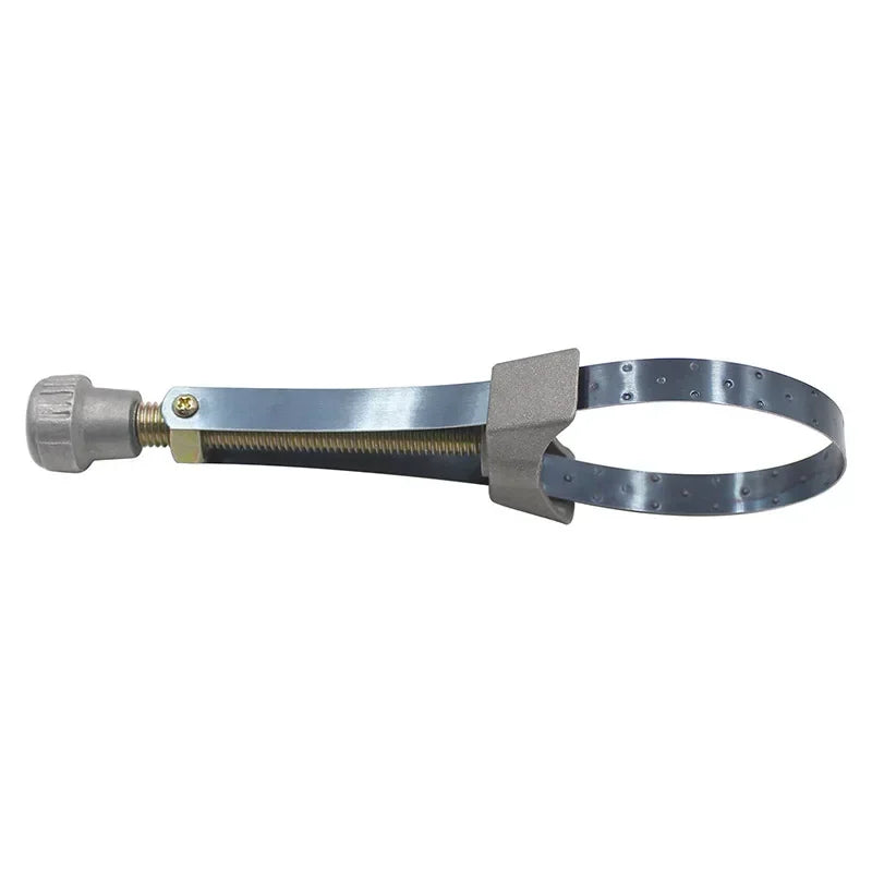 A silver oil filter removal tool with a threaded end and a clamp mechanism for automotive use.