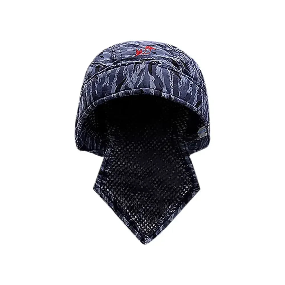 A dark blue durable welding and work cap with a mesh lining.
