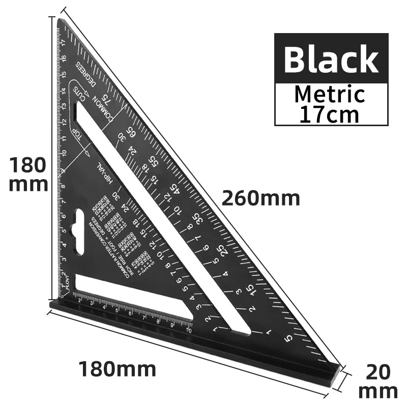 Black metric triangle ruler measuring 17cm with dimensions of 180mm by 260mm.