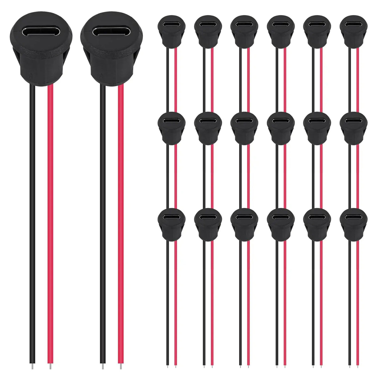A set of black and red USB-C female charging port adapters with long cables.