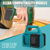 A green battery storage organizer is shown next to a hand holding a Makita tool, suitable for MK 18V/14.4V batteries.