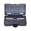 A dark gray magnetic ratchet screwdriver kit with various bits and drivers stored in a hinged case.