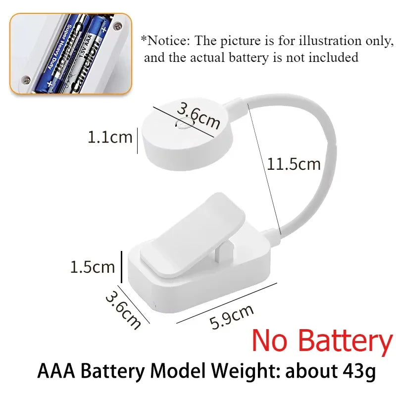 A white folding clip book light with an adjustable dimmable LED and a separate battery compartment.