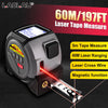 A silver laser tape measure device is shown measuring a wire, demonstrating its 60M ranging and magnetic function.