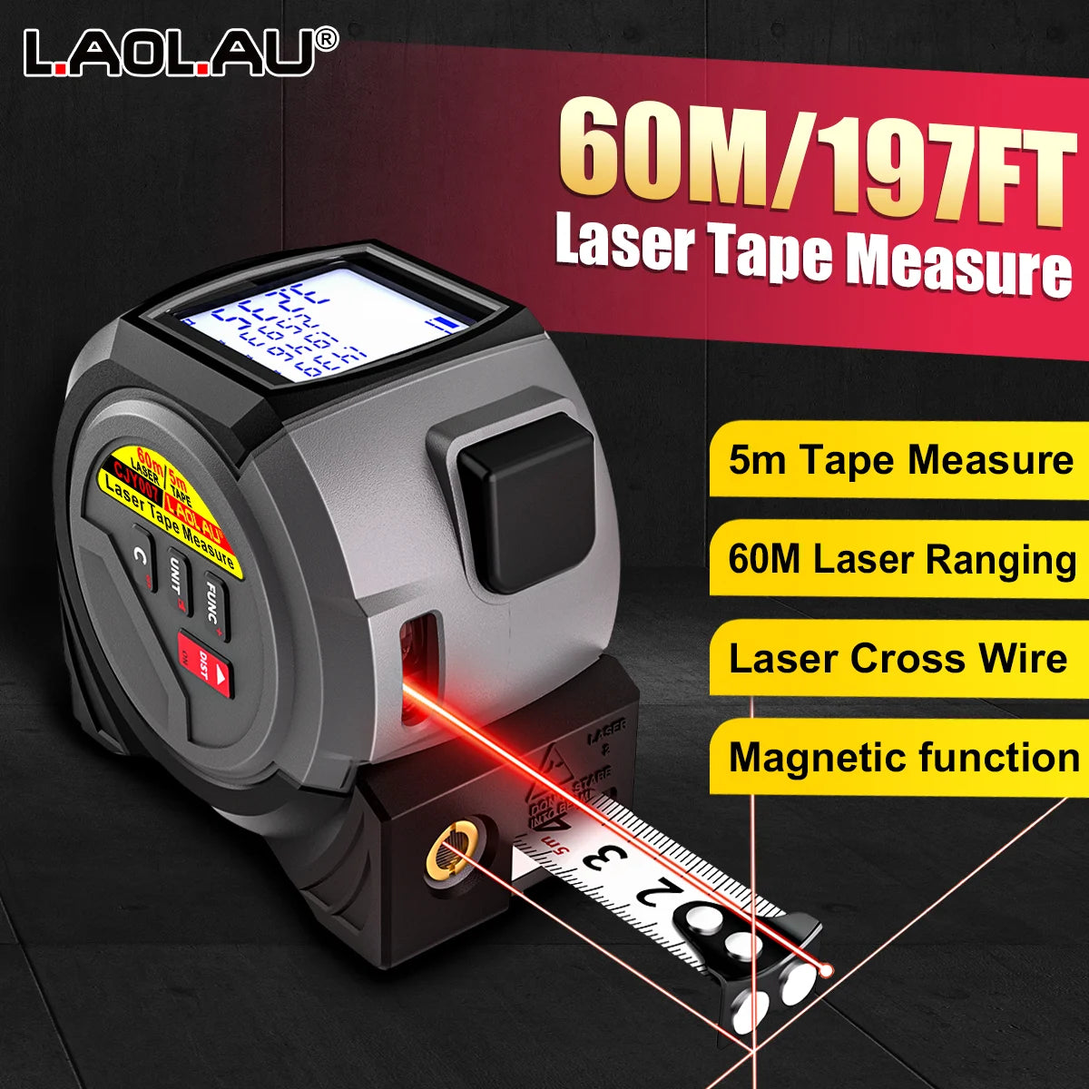A silver laser tape measure device is shown measuring a wire, demonstrating its 60M ranging and magnetic function.