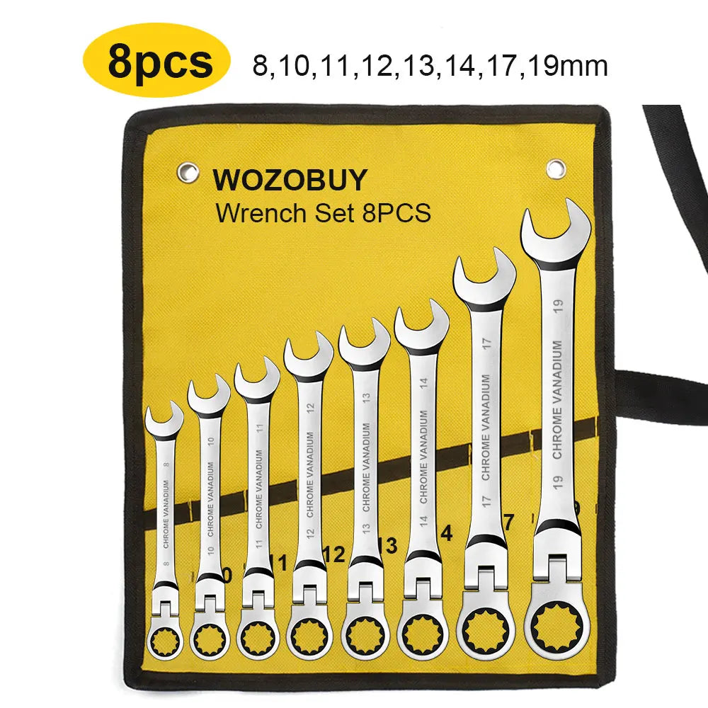 A yellow pouch containing an 8-piece wrench set with sizes ranging from 8 to 19 millimeters.