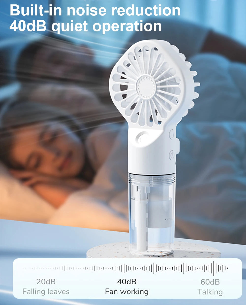 A white portable mist fan with a rotating grille is shown in a clear container, demonstrating different noise levels for fall