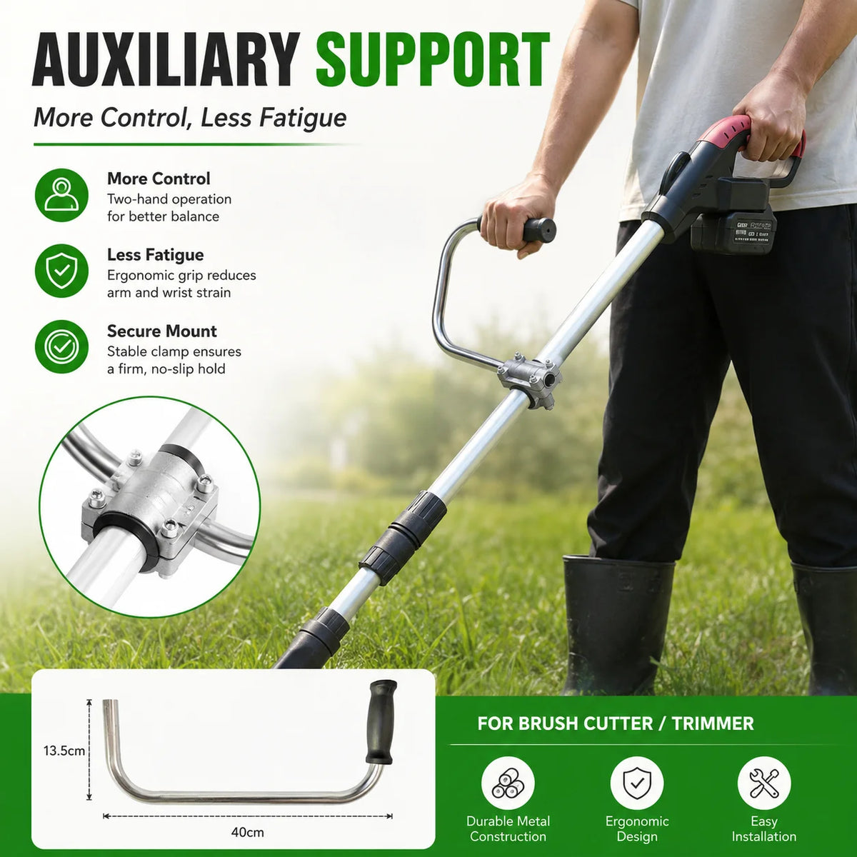 An ergonomic auxiliary handle for a brush cutter or trimmer is shown being used by a person in a grassy outdoor setting.
