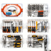 A clear plastic storage box filled with various hand tools including screwdrivers pliers and wrenches