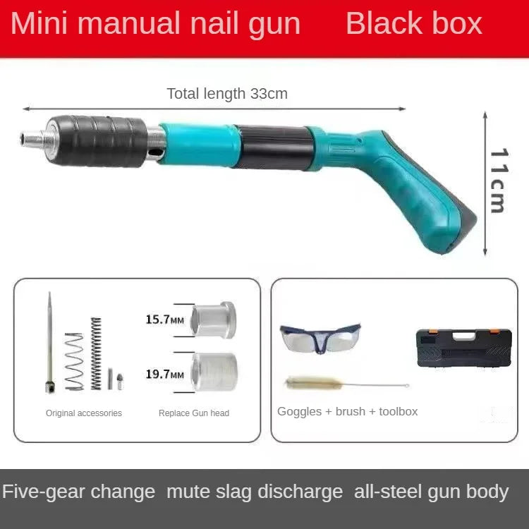 A black box contains a mini manual nail gun with a teal handle and various accessories for fastening.
