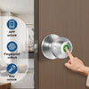 A hand is using a fingerprint to unlock a modern door, with options for app and keyless entry shown.