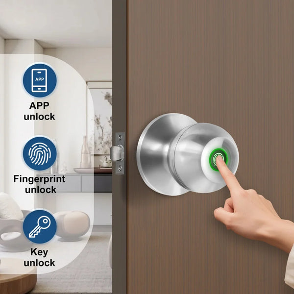 A hand is using a fingerprint to unlock a modern door, with options for app and keyless entry shown.