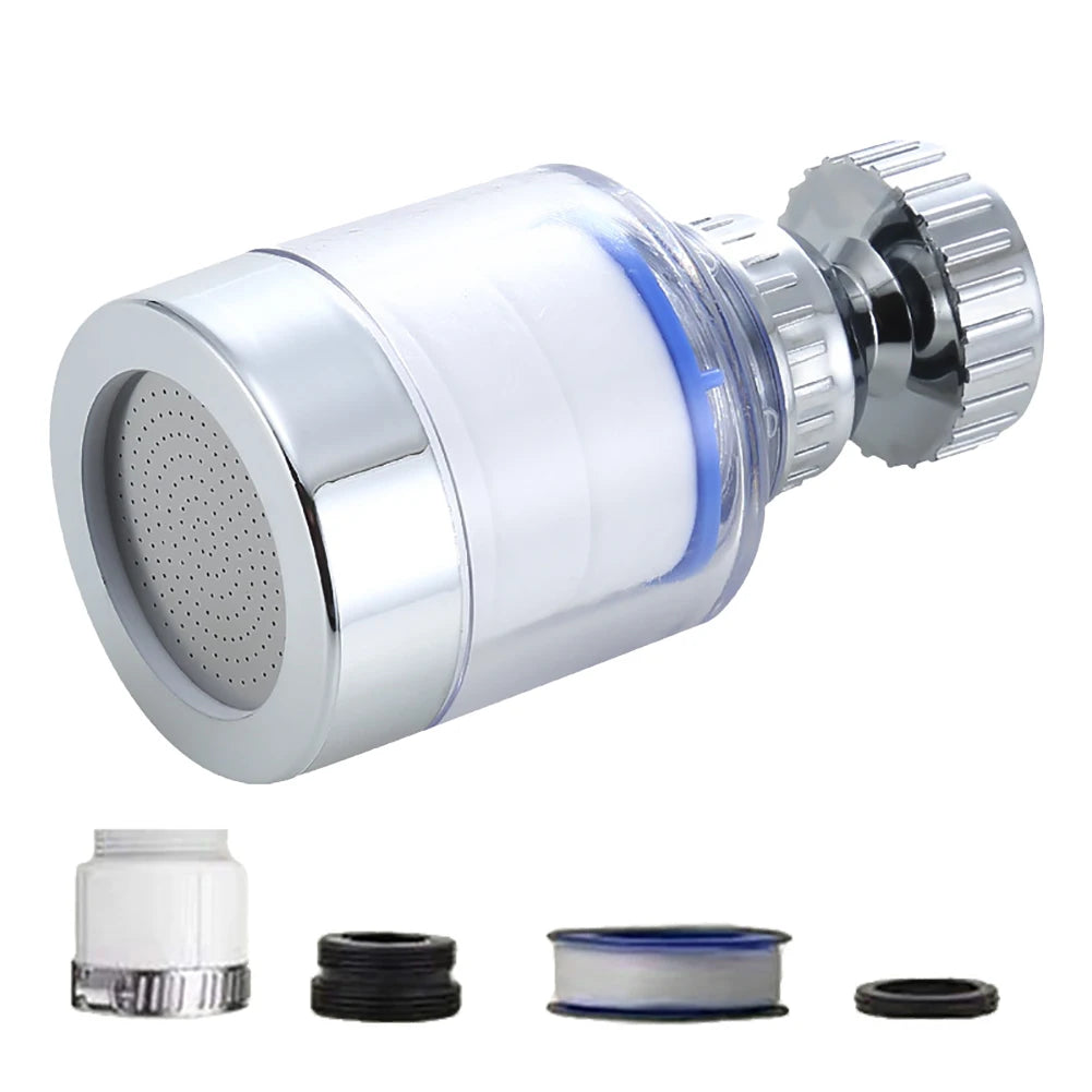 A silver 360° rotating water filter assembly with a mesh head and various filter components.