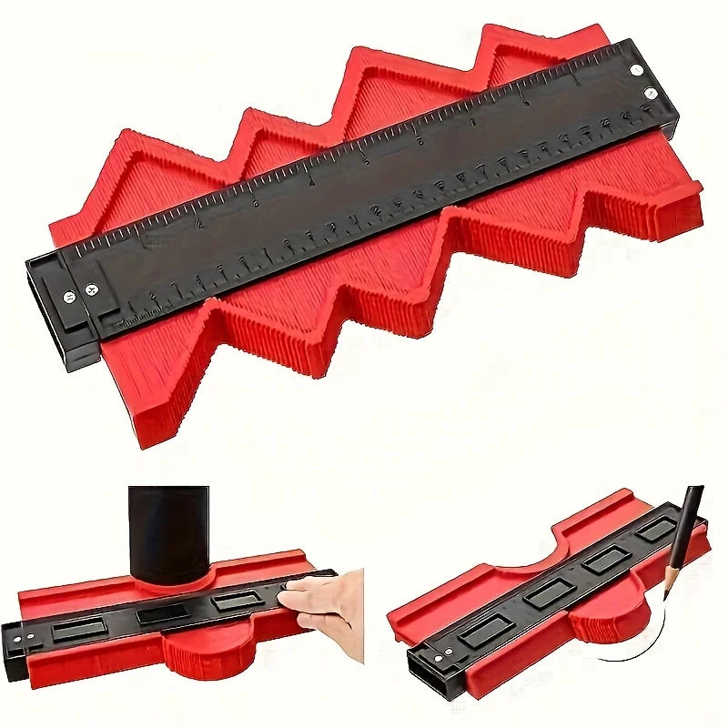 A black plastic contour measuring ruler is shown resting on a red, textured background surface.