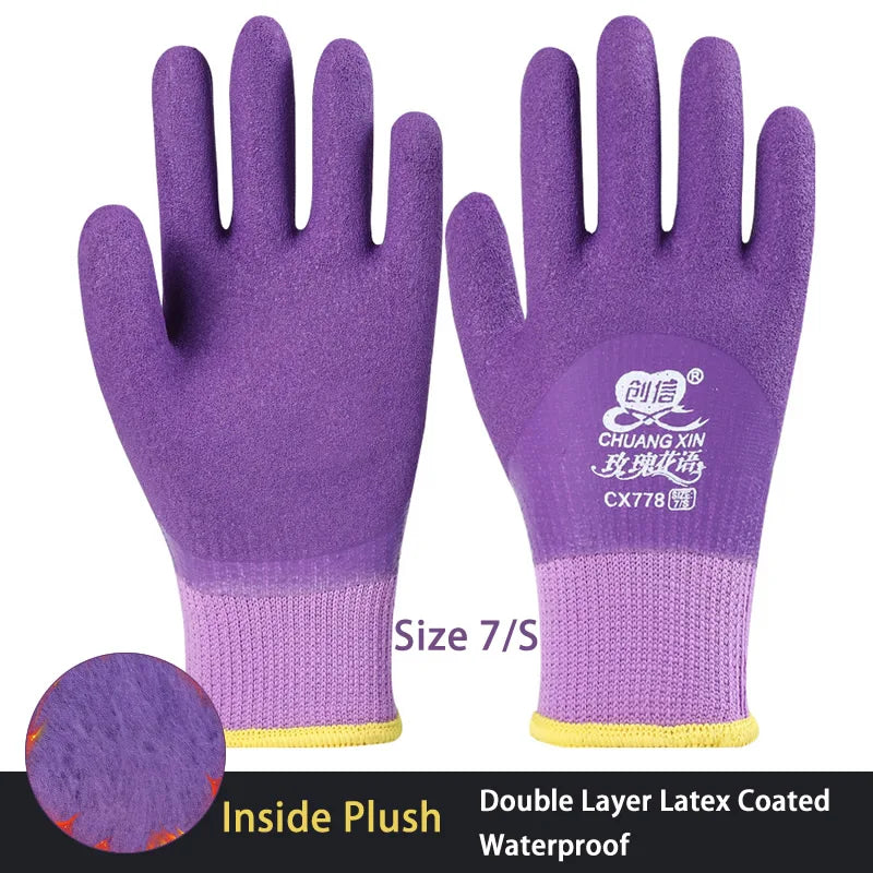 Purple double layer latex coated waterproof work gloves for winter protection