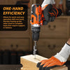 A hand holding an orange and black spring-loaded screw holder bit tool being used to drive a screw into wood.