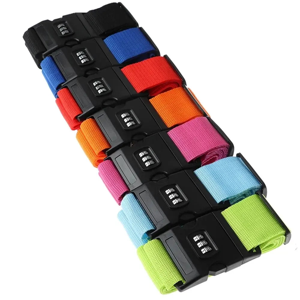 A set of black adjustable luggage straps in various colors including blue, red, orange, and pink.