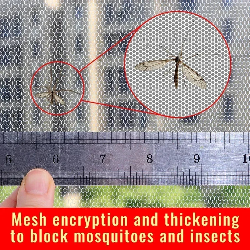 A magnified view of a mosquito trapped in a mesh screen, demonstrating the effectiveness of mesh encryption and thickening to