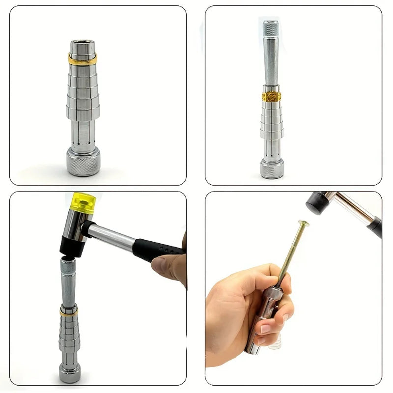 A professional ring stretcher and expander tool shown in various views, including disassembled parts and in use.