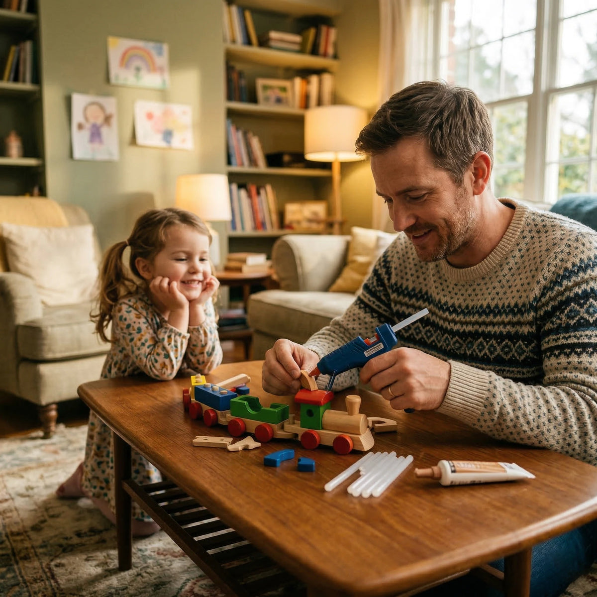 A man and a girl are using a professional hot melt glue gun kit to build small wooden structures.
