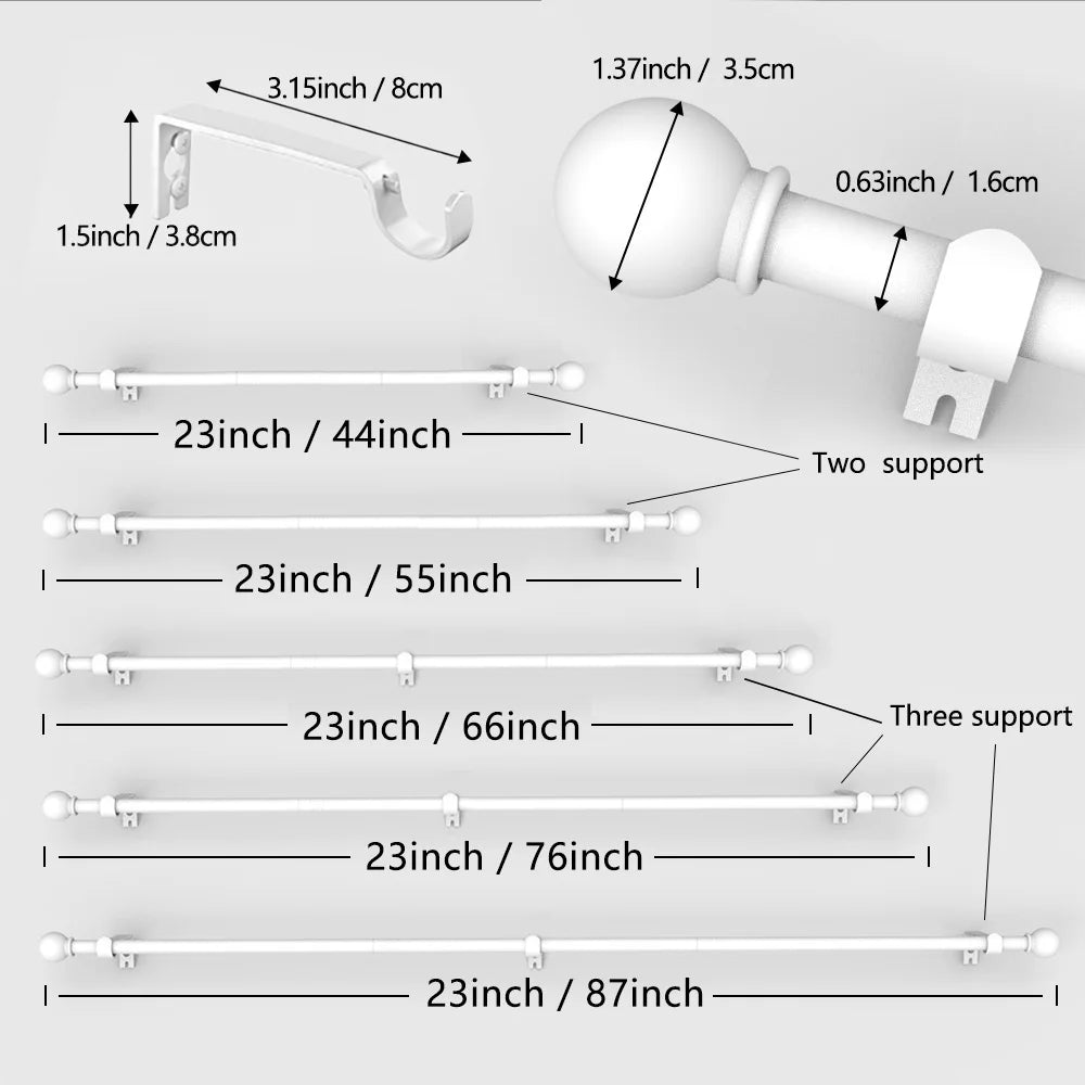 A set of versatile iron spliced curtain rods and mounting hardware shown with various lengths and support options.