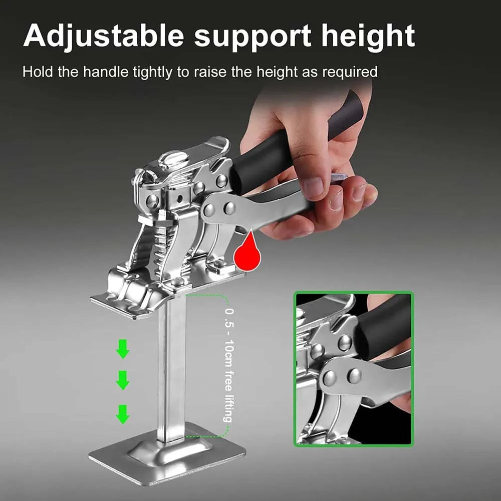 Une main ajuste la hauteur de support d'un outil de levage manuel lourd pour portes et plaques de plâtre.