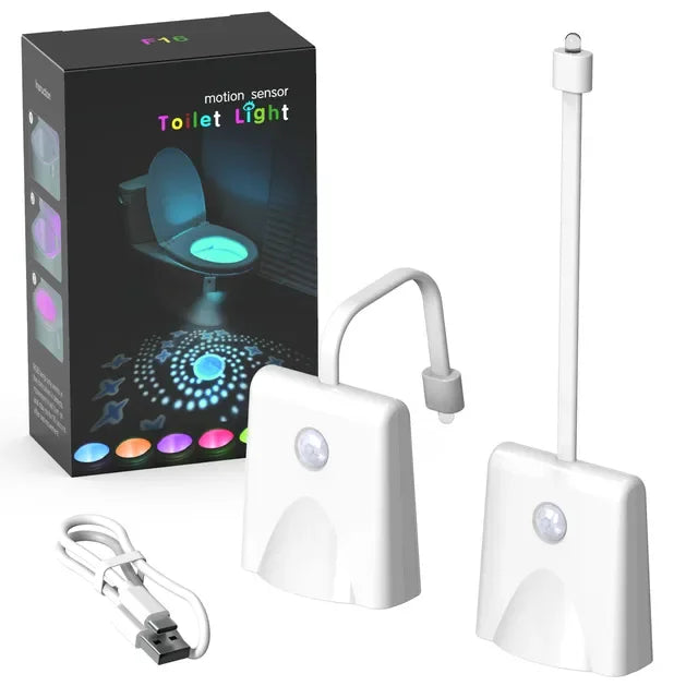 A motion sensor toilet light consists of a box, a wall-mounted fixture, and a handheld light.