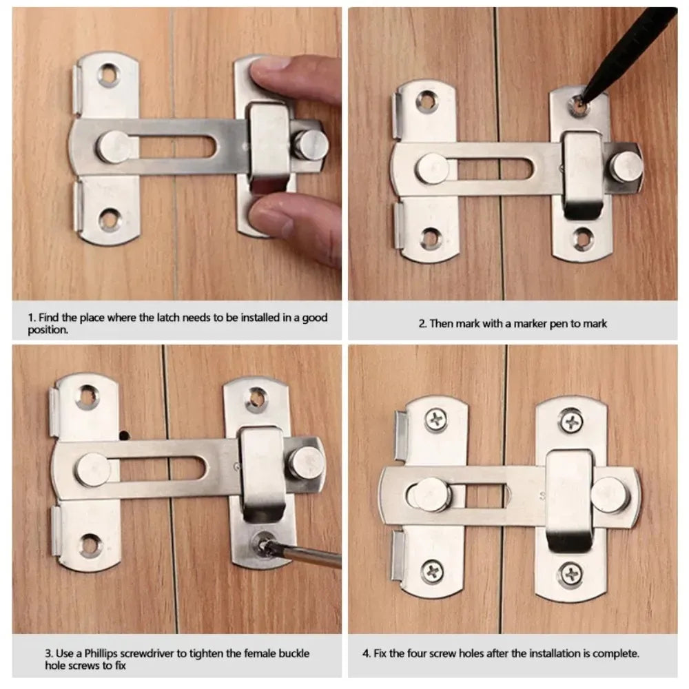 Instructions show how to install a premium stainless steel sliding door latch using a Phillips screwdriver.