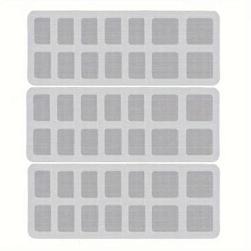 A set of reusable mesh strainers for bathroom drains, shown in light gray.