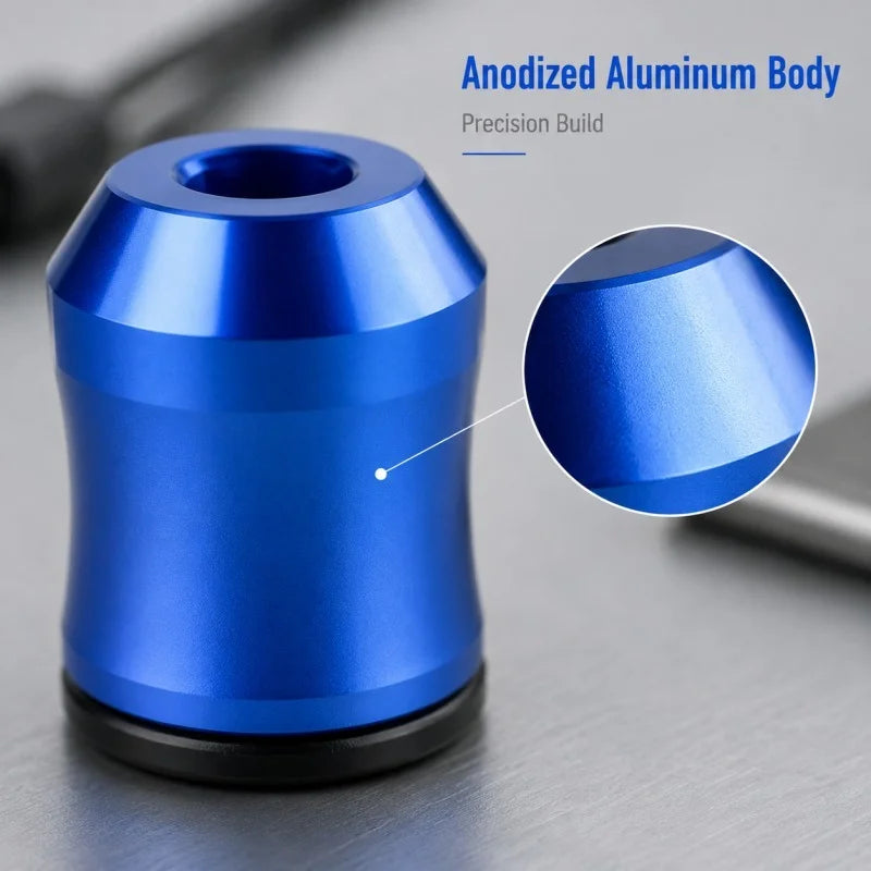 A close-up view of an anodized aluminum screwdriver bit with a precision build finish.