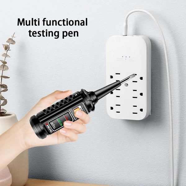A hand holds a black multi functional testing pen against a white wall-mounted device for AC voltage detection.