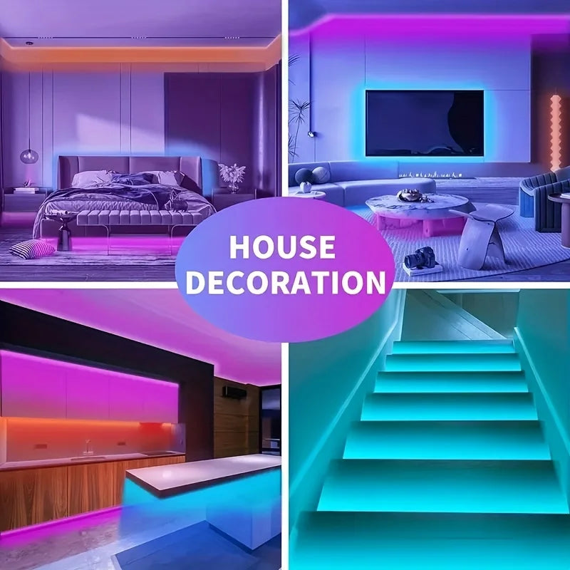 A collage showing various interior lighting designs including a bedroom, a living room, and an illuminated staircase.