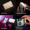 Images showing the Aputure Dual-Color Mini LED Light Kit in palm-sized form, magnetic accessories, app control, and multi-fun