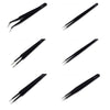 A set of precision stainless steel tweezers shown in various angles.