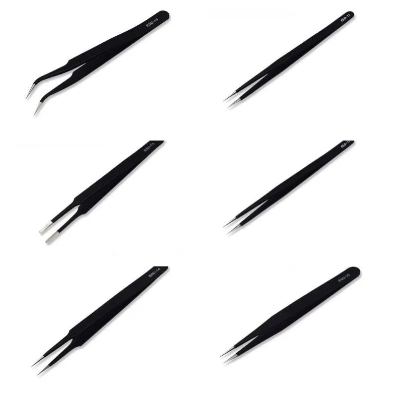 A set of precision stainless steel tweezers shown in various angles.
