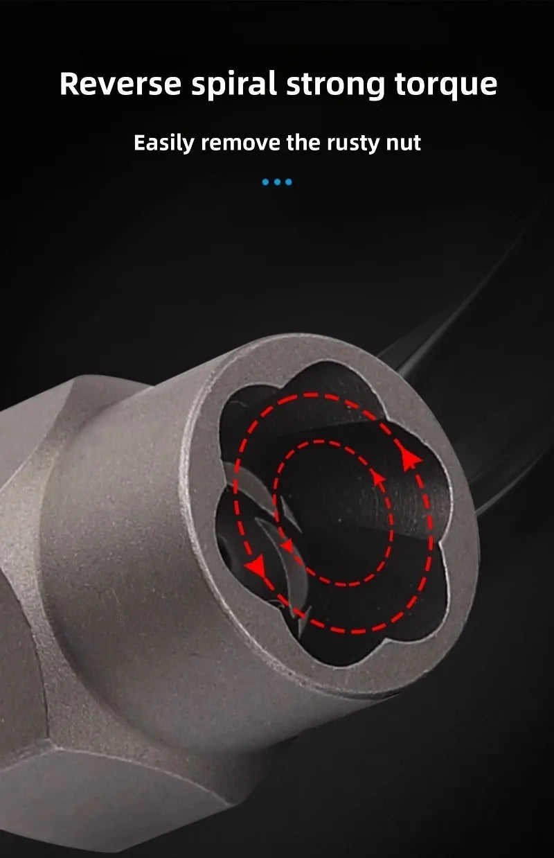 Close-up view of a professional bolt and screw extractor tool designed to reverse spiral strong torque for removing rusty nut