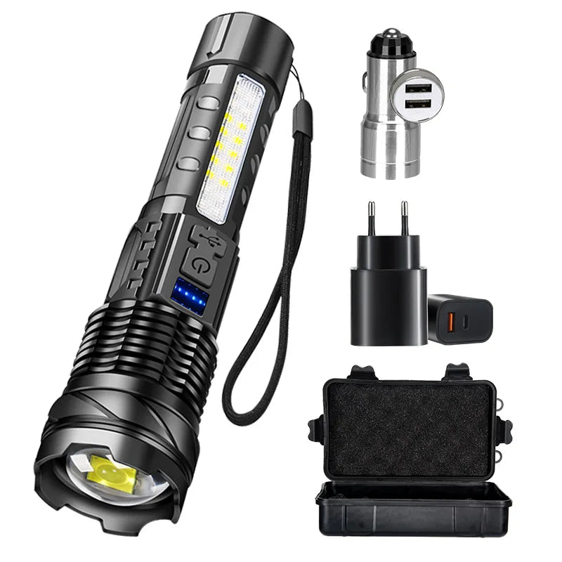 A black high-power rechargeable LED tactical flashlight with a detachable light head and battery components.