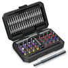 A black multi-function ratchet screwdriver set with a T-handle and various bits inside the case.