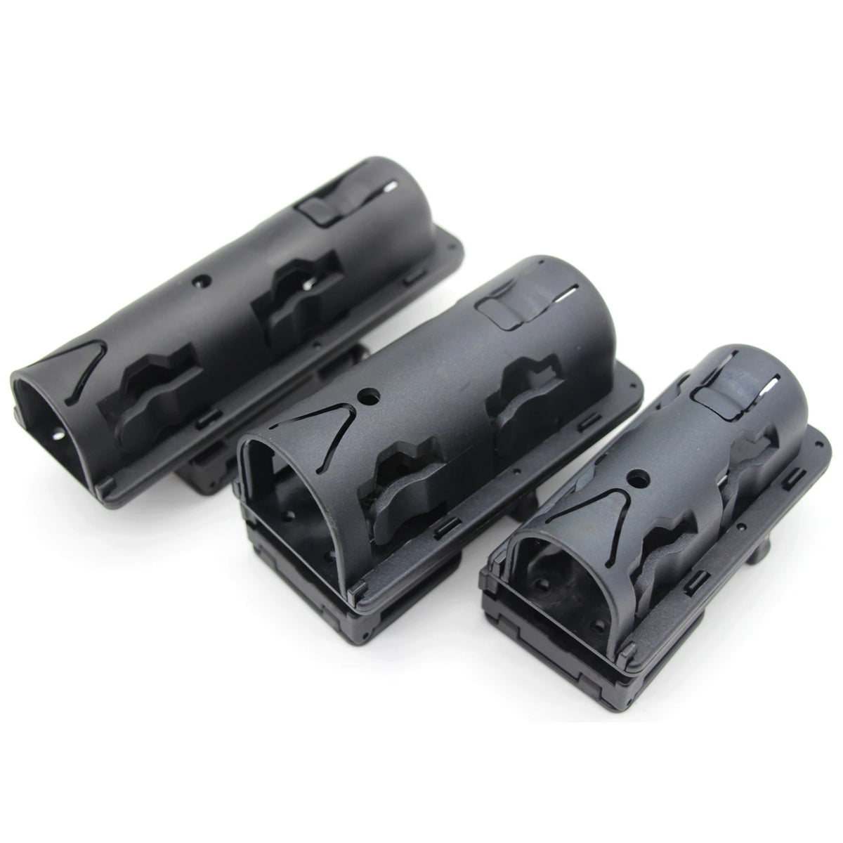 Black tactical baton and flashlight holder with textured grips
