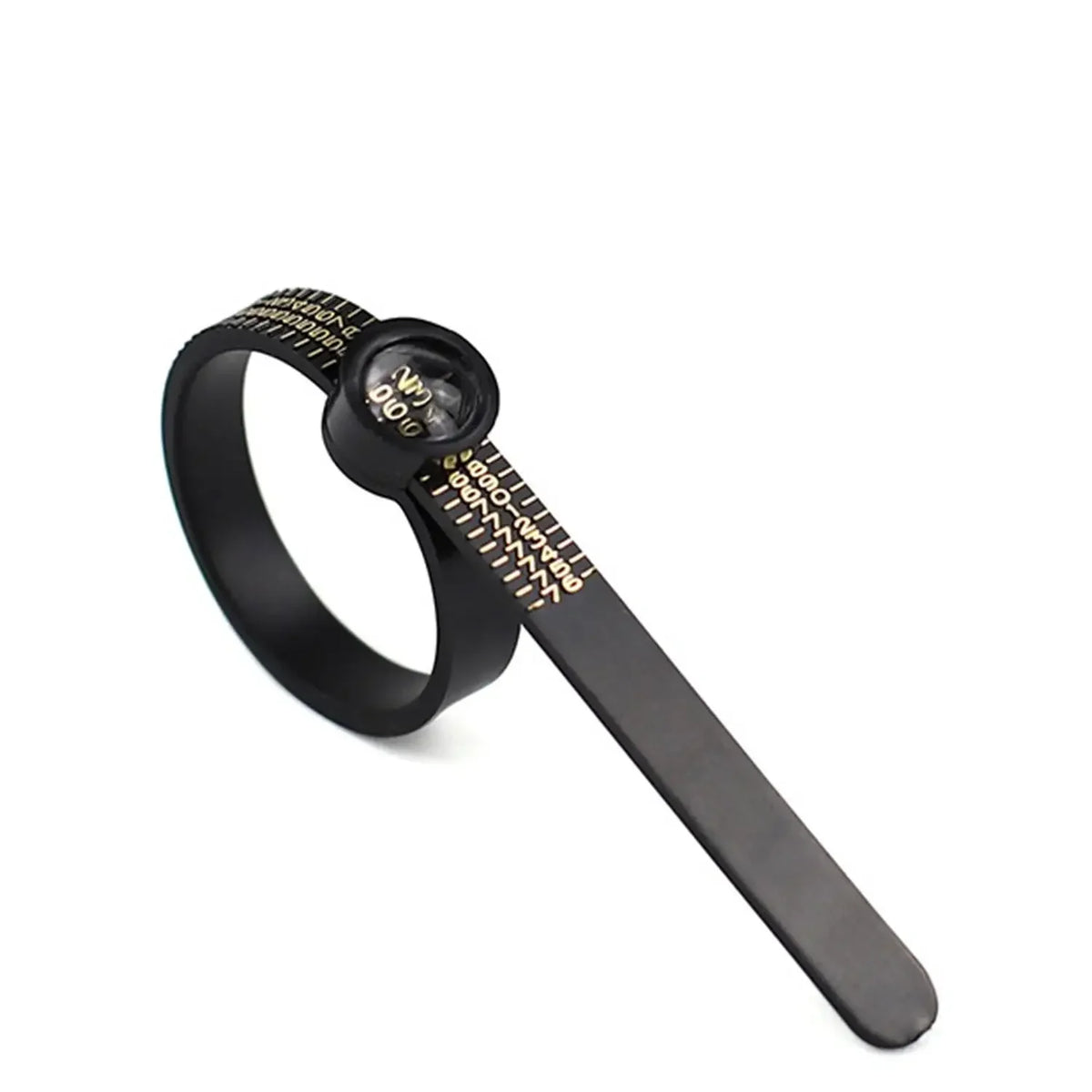 A black precision ring sizer with a magnifying lens and adjustable band.