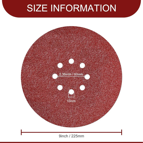 A red multi-grit aluminum oxide sanding disc with a 9 inch diameter and 10mm thickness.